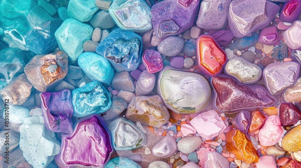 A picturesque scene of colorful stones embedded in the shore, with hues of pink, purple, and turquoise, blending together to form a breathtaking natural canvas