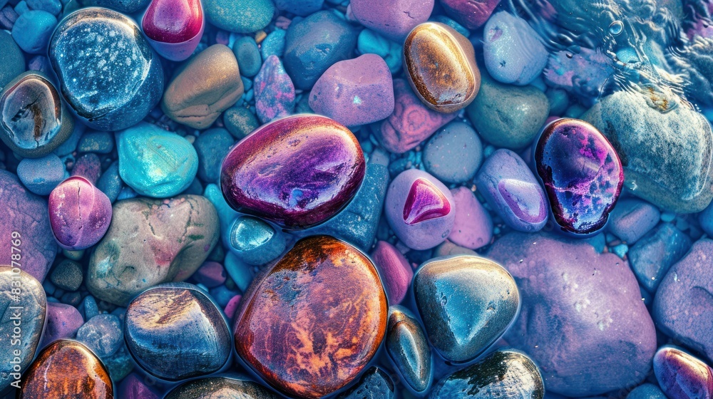 A picturesque scene of colorful stones embedded in the shore, with hues of pink, purple, and turquoise, blending together to form a breathtaking natural canvas A picturesque scene of colorful stones embedded in the shore, with hues of pink, purple, and turquoise, blending together to form a breathtaking natural canvas