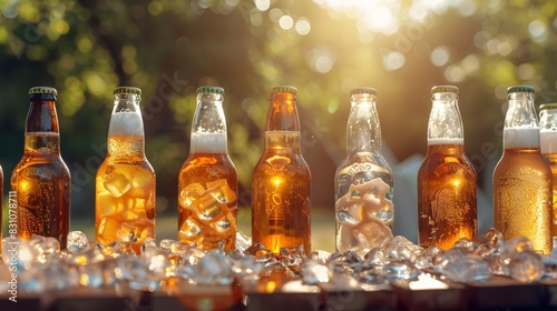 A photo of various beer bottles with ice cubes  placed on an outdoor table in the sun. The background is blurred greenery and sky  creating a relaxed atmosphere.