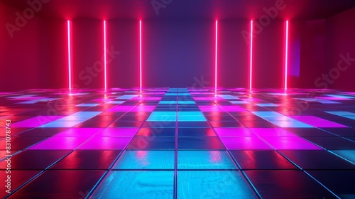 futuristic retrostyle disco dance floor with neon lights 3d rendering photo