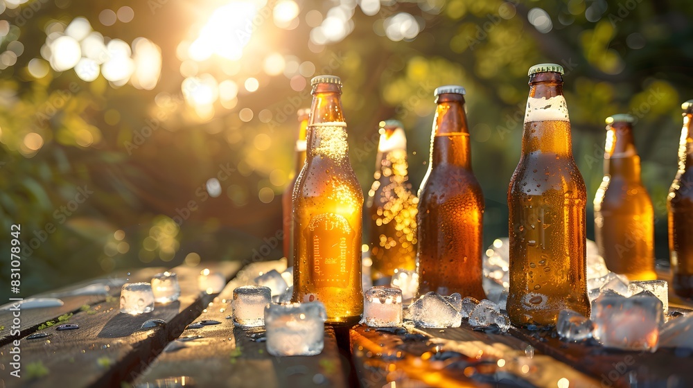 A photo of various beer bottles with ice cubes, placed on an outdoor table in the sun. The background is blurred greenery and sky, creating a relaxed atmosphere. A photo of various beer bottles with ice cubes, placed on an outdoor table in the sun. The background is blurred greenery and sky, creating a relaxed atmosphere.