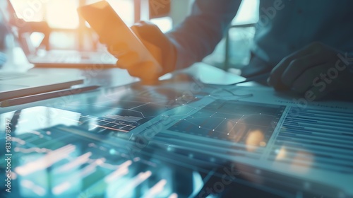 business documents on office table with smart phone and digital tablet and graph financial with social network diagram and man working in the background : Generative AI photo
