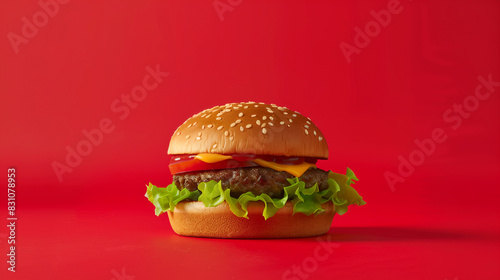 Cheeseburger complete with lettuce and tomato, located on a table with a bright red background, Ai generated Images