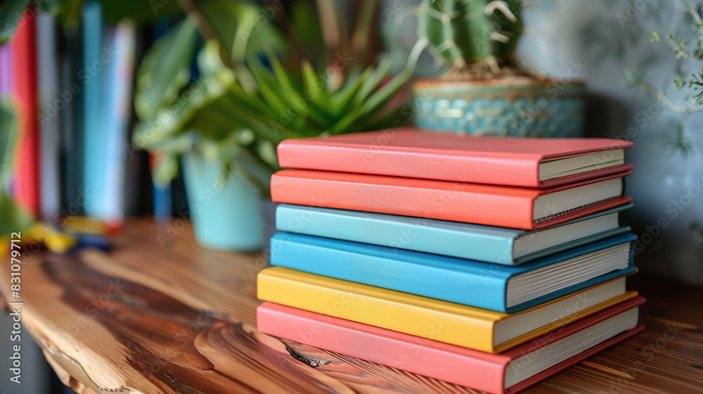 Stack of Colorful Books on Wooden Table with Green Plants and Blurred Background Stack of Colorful Books on Wooden Table with Green Plants and Blurred Background
