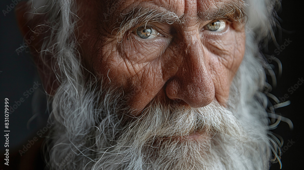 Elderly Man with Gray Beard and Deep Eyes in Thoughtful Expression Close-up Portrait