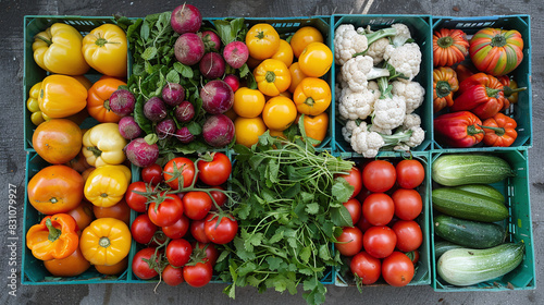 Colorful Assortment of Fresh Vegetables on Display at Farmers Market Overhead Shot