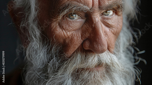 Elderly Man with Gray Beard and Deep Eyes in Thoughtful Expression Close-up Portrait