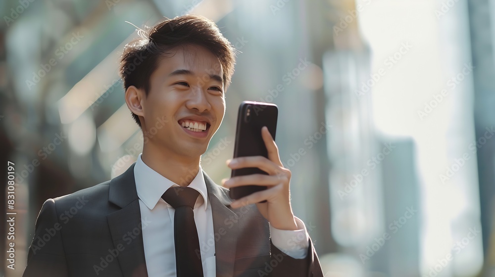 Happy smiling young Asian business man professional holding cellphone walking on big city urban street making business call talking on cellular phone standing in office downtown : Generative AI Happy smiling young Asian business man professional holding cellphone walking on big city urban street making business call talking on cellular phone standing in office downtown : Generative AI