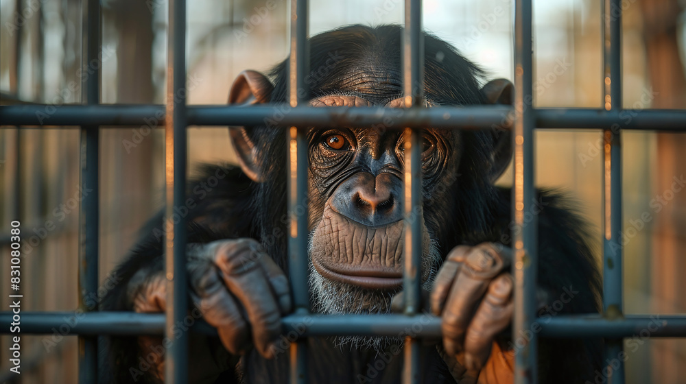 Φωτογραφία Sad Chimpanzee Behind Bars in Cage Close-Up Emotional Animal in Captivity at Sun