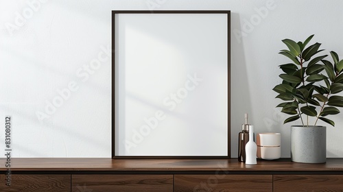 Frame Mockup in Modern Room with Wooden Accents  Ideal for Natural Art Showcases  Warm and Inviting