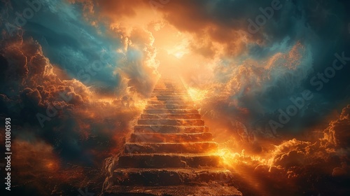 A pathway of stairs into a twilight sky filled with radiant light, symbolizing the pursuit of knowledge, discovery, and personal growth photo