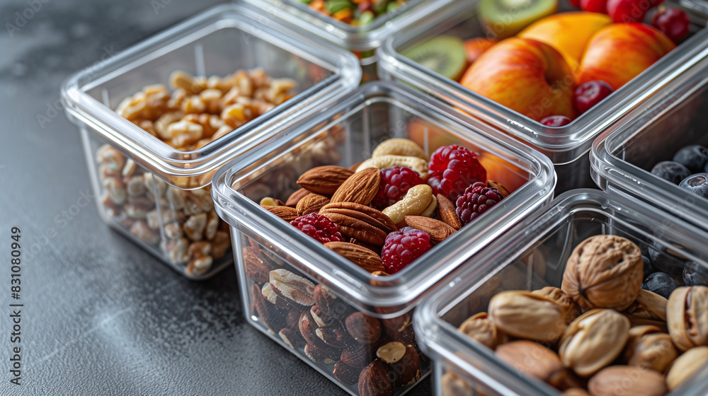 Containers with Assorted Nuts Fresh Fruits and Berries on a Dark Surface Healthy Snack Choices Containers with Assorted Nuts Fresh Fruits and Berries on a Dark Surface Healthy Snack Choices