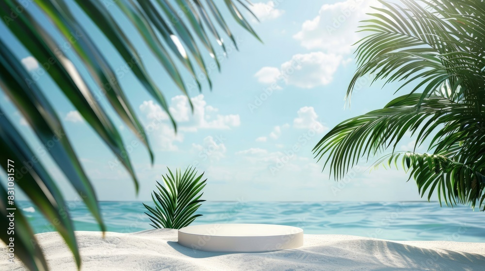 Fototapeta premium Summer mockup. A white empty podium for cosmetics, product demonstration stands on the sand against the backdrop of sea. Sunlight and leaves of tropical plants. 3d illustration