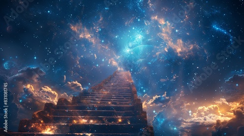 A grand staircase ascending into a twilight sky filled with luminous stars and nebulae, symbolizing a personal quest and discovery photo