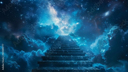 A grand staircase ascending into a twilight sky filled with luminous stars and nebulae, symbolizing a personal quest and discovery