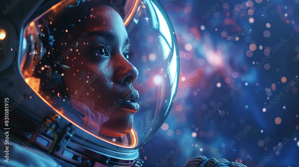 Close-up of Astronaut in Space Helmet with Reflections Against Starry Background at Night Close-up of Astronaut in Space Helmet with Reflections Against Starry Background at Night