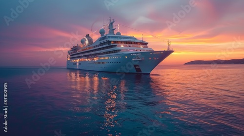 A grand cruise ship navigating calm, crystal-clear waters, its sophisticated architecture shining under the colorful dusk sky, reflecting the twilight hues photo
