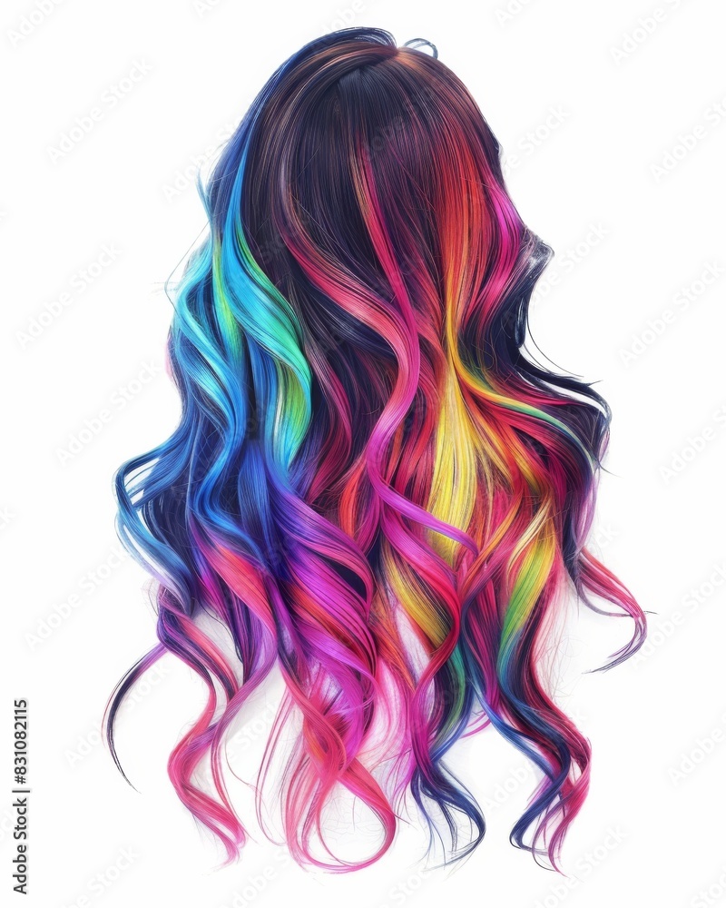 A womans hair transformed into a vibrant array of colors, creating a mesmerizing and artistic display A womans hair transformed into a vibrant array of colors, creating a mesmerizing and artistic display