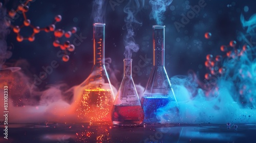 Artistic depiction of Erlenmeyer flasks and graduated cylinders with glowing chemicals, molecules in the air, isolated background, studio lighting