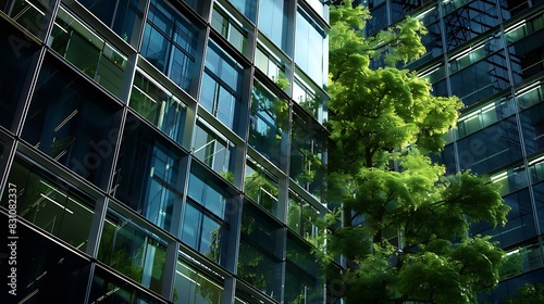 Ecofriendly building in the modern city Sustainable glass office building with trees for reducing heat and carbon dioxide Office building with green environment Corporate building redu : Generative AI photo