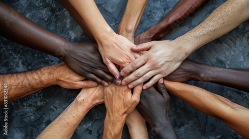 Unity and Diversity Multiracial Hands Together in Solidarity on Dark Gray Textured Background