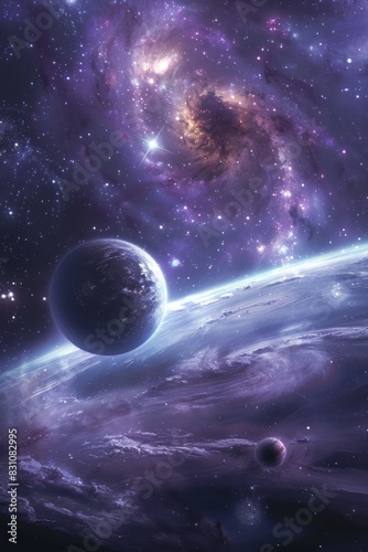 alien world planet, deep space landscape with several moons