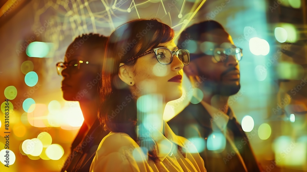 Portrait of three young diverse business people working together in blurry abstract city with double exposure of financial charts Toned image : Generative AI