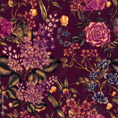 Watercolor seamless pattern with garden flowers. Vintage spring or summer flo...