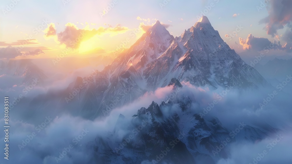 majestic sunrise illuminating misty mountain peaks realistic aigenerated landscape