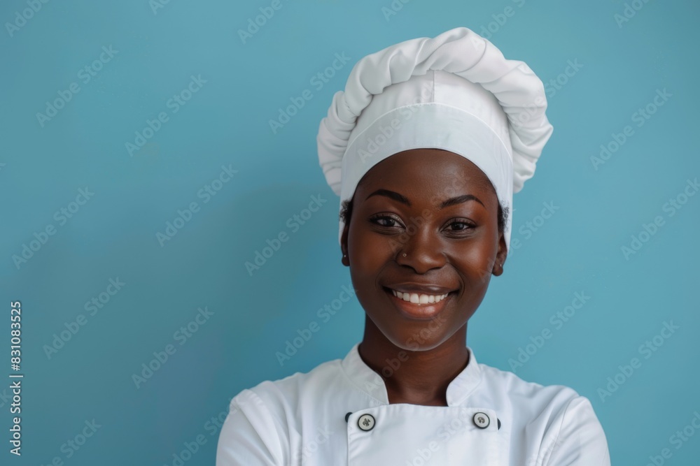 A smiling female chef in white uniform and chef's hat standing against a blue background, exuding confidence and professionalism A smiling female chef in white uniform and chef's hat standing against a blue background, exuding confidence and professionalism