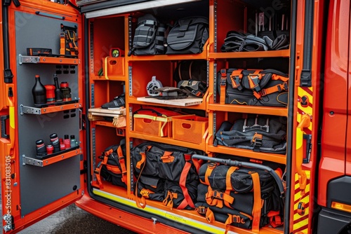 Inside view of a fire truck's storage compartments neatly organized with various firefighter gear and equipment