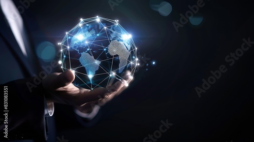 Global business internet network connection IoT Internet of Things business intelligence concept Businessman hand holding global network futuristic technology background : Generative AI photo