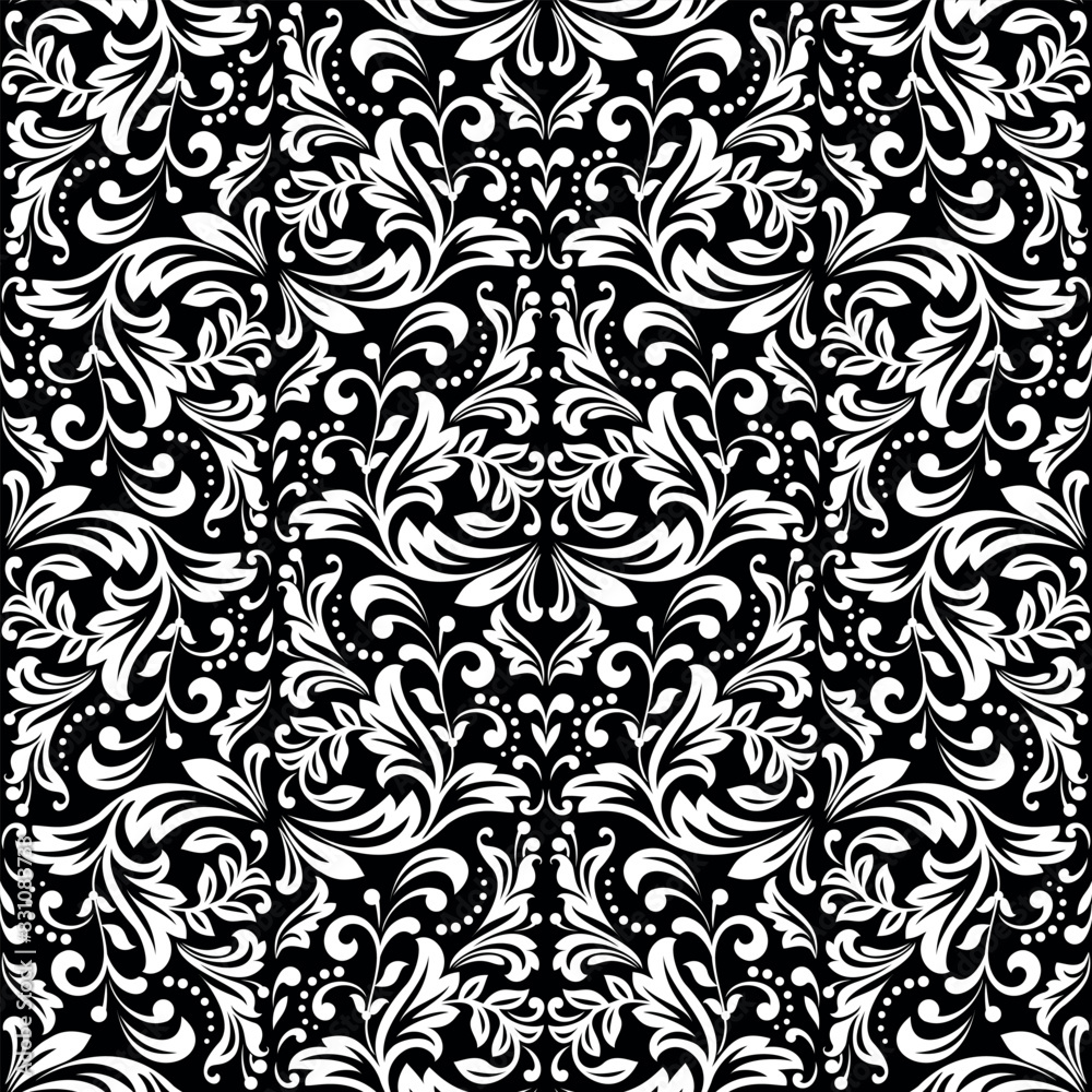 Wallpaper in the style of Baroque. Seamless vector background. White and black floral ornament. Graphic pattern for fabric, wallpaper, packaging. Ornate Damask flower ornament. Wallpaper in the style of Baroque. Seamless vector background. White and black floral ornament. Graphic pattern for fabric, wallpaper, packaging. Ornate Damask flower ornament.