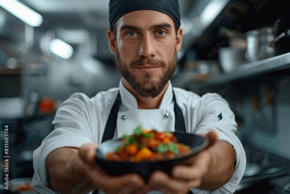 Confident young chef in a white jacket presenting a vibrant salad dish to the camera Confident young chef in a white jacket presenting a vibrant salad dish to the camera