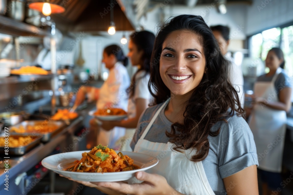 A charming server smiles as she holds a plate of food in a restaurant kitchen with co-workers A charming server smiles as she holds a plate of food in a restaurant kitchen with co-workers