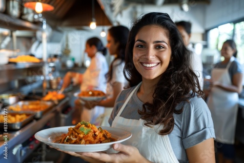 A charming server smiles as she holds a plate of food in a restaurant kitchen with co-workers