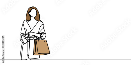 Continuous one line drawing of a woman holding paper bags after shopping