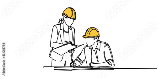 Continuous line drawing of a businessman and businesswoman in a factory, two professional people in helmets, working. Vector illustration.