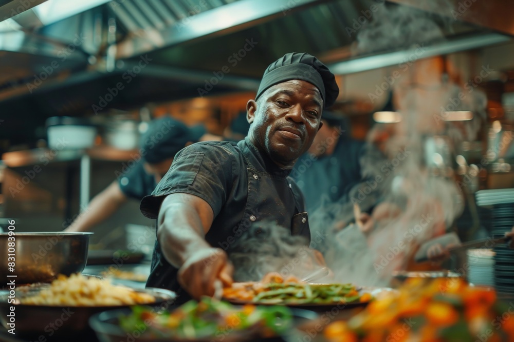 A cook intensely focuses on frying food in a bustling commercial kitchen filled with steam and cookware A cook intensely focuses on frying food in a bustling commercial kitchen filled with steam and cookware