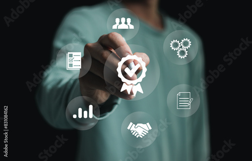 businessperson touching assurance mark symbols to confident the customer in global marketing, Quality Assurance Concepts. excellence service, premium product high quality, business excellence..