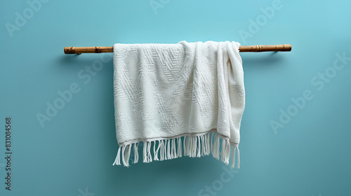 Soft White Towel Hanging on Bamboo Rod Minimalist Design Bright Blue Background Cozy Home Decor