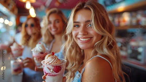 Friends Celebrating Lifes Sweetest Moments with Delicious Ice Cream Sundaes photo