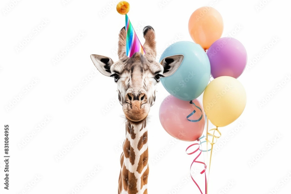 © Jennie Pavl - An adorable giraffe wearing a vibrant party hat and happily blowing colorful balloons against a clean white background. © Jennie Pavl - An adorable giraffe wearing a vibrant party hat and happily blowing colorful balloons against a clean white background.
