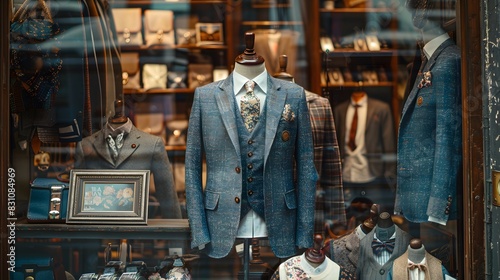 A vintage suit in the shop window of an old-fashioned men's  store, surrounded by classic suits and accessories. photo