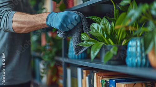 Person Cleaning Bookshelf With Blue Gloved Hand Featuring Green Plants and Colorful Bookshelves