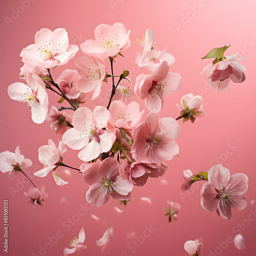 Fresh quince blossom, beautiful pink flowers falling in the air isolated on pink background. Zero gravity or levitation, spring flowers conception, high resolution image © Jareerut
