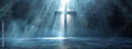 Universal abstract gray blue background with beautiful lighting rays. Cross is glowing, light interior wall for display, religion culture, faith, Jesus, hope, light, 4k HD wallpaper, background, gener photo