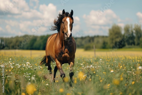 Experience the joy of a horse galloping through a sunlit meadow with a cheerful expression.