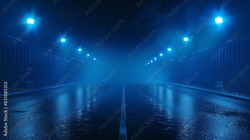 moody empty street at night dark blue neon lights and spotlights asphalt floor and smokefilled studio