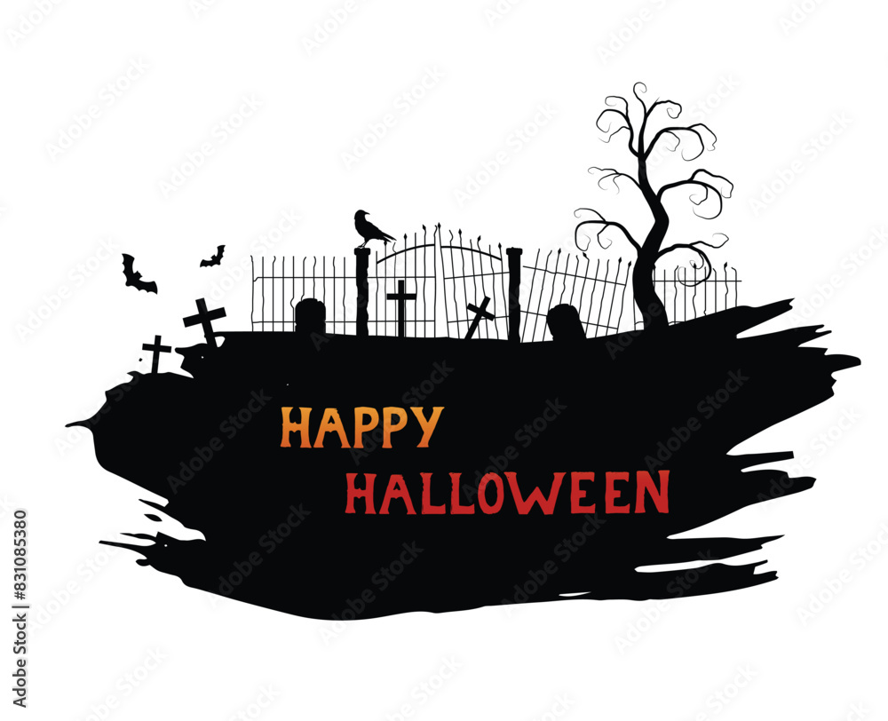 Halloween Graveyard Silhouette with Brushes. Horror and national holiday concept illustration Halloween Graveyard Silhouette with Brushes. Horror and national holiday concept illustration